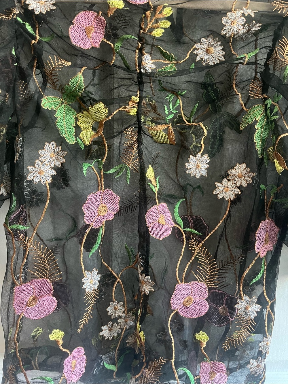H&M Black Sheer Floral Embroidered Blouse with Pink & Green Accents